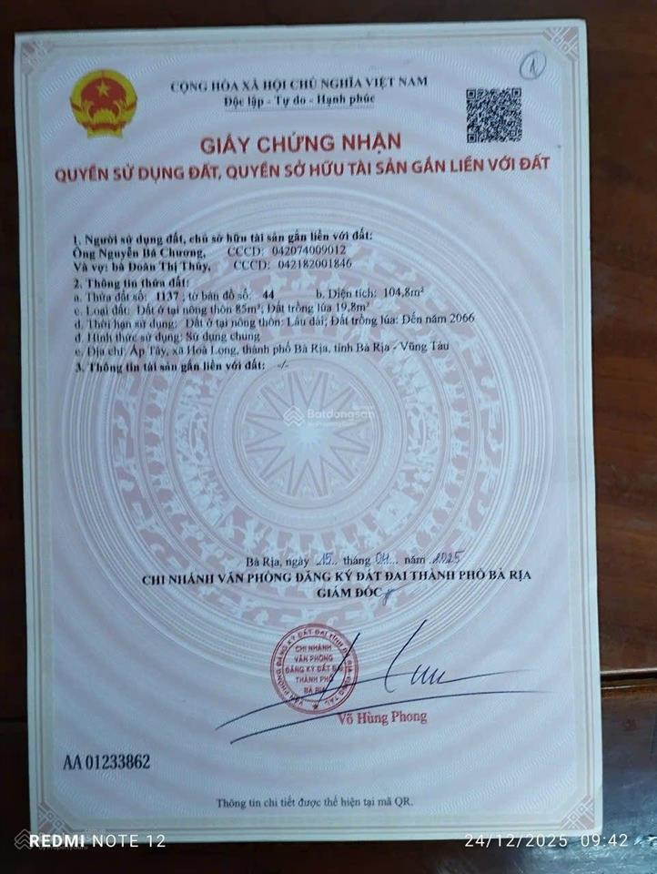 Chính chủ bán nhanh lô đất mặt phan bội châu khu thanh sơn c thuộc xã hoà long, tp bà rịa