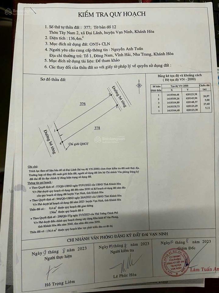 Chính chủ bán đất tái định cư xã đại lãnh, thổ cư 100%, đường d6 10m, cách biển 200m. 0947 066 ***