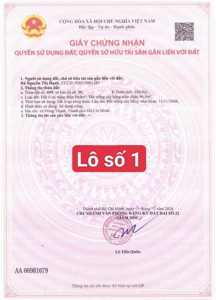 Chính chủ cần gửi bán lô đất 5m x 36.6m mặt tiền đường đông thạnh 7 sát bên quận 12, gò vấp