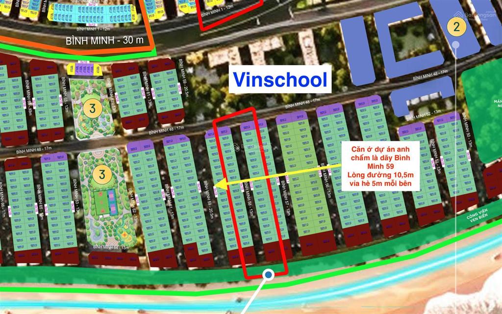 Bình minh 59 đường rộng 20,5m lối vào trường vinschool và bãi tắm. chi tiết căn 0976 758 ***