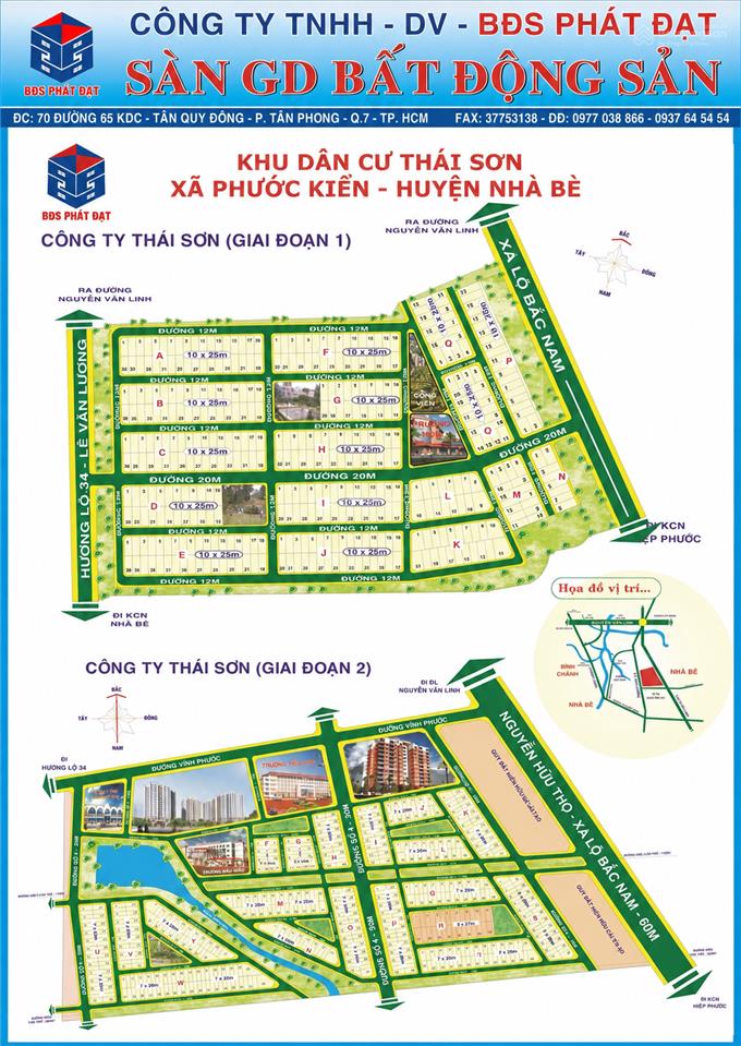 Bán đất nền dự án khu dân cư thái sơn nhà bè giá 63 tr/m2 dt 250 m2 đường 12m hướng bắc