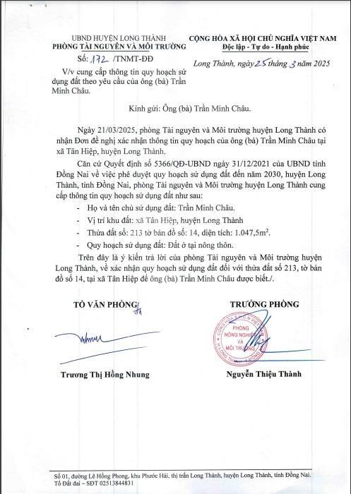 Tôi là chính chủ bán 1200m2 đất (29mx42m), giá 3tỷ6, sổ hồng riêng xã tân hiệp, long thành, đn