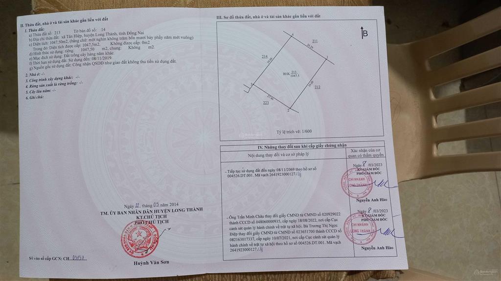 Tôi là chính chủ bán 1200m2 đất (29mx42m), giá 3tỷ6, sổ hồng riêng xã tân hiệp, long thành, đn