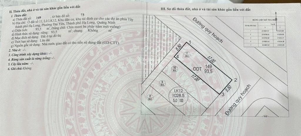 Đất tái định cư đại yên  dự án vin hạlongxanh  lô góc đẹp 93.5m2 chỉ ~ 2.4 tỷ