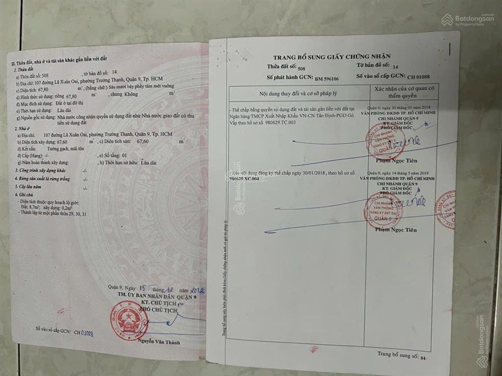 Chủ cần bán nhà hẻm đường lã xuân oai đang mở rộng 30m. hẻm 3m diện tích 67m, ngang 4,5m full thổ